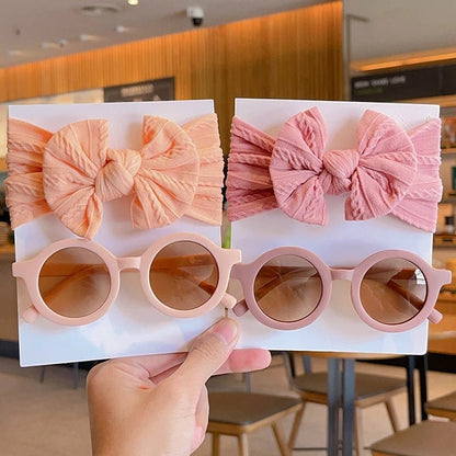 2 Pcs/Set New Children Solid Color Cotton Bowknot Wide Hairband Round Sunglasses Set Baby Girls Sunglasses Kids Hair Accessories - buythingsusa