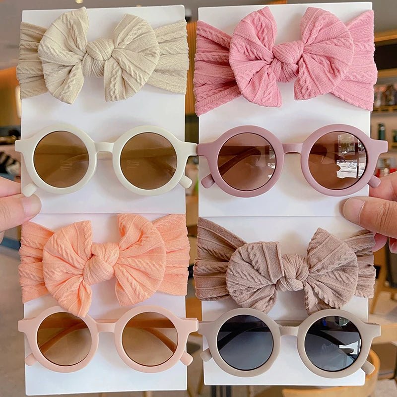 2 Pcs/Set New Children Solid Color Cotton Bowknot Wide Hairband Round Sunglasses Set Baby Girls Sunglasses Kids Hair Accessories - buythingsusa