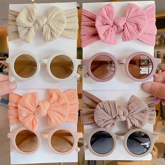 2 Pcs/Set New Children Solid Color Cotton Bowknot Wide Hairband Round Sunglasses Set Baby Girls Sunglasses Kids Hair Accessories - buythingsusa
