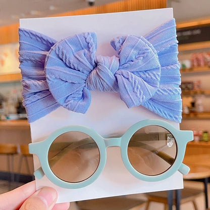 2 Pcs/Set New Children Solid Color Cotton Bowknot Wide Hairband Round Sunglasses Set Baby Girls Sunglasses Kids Hair Accessories - buythingsusa