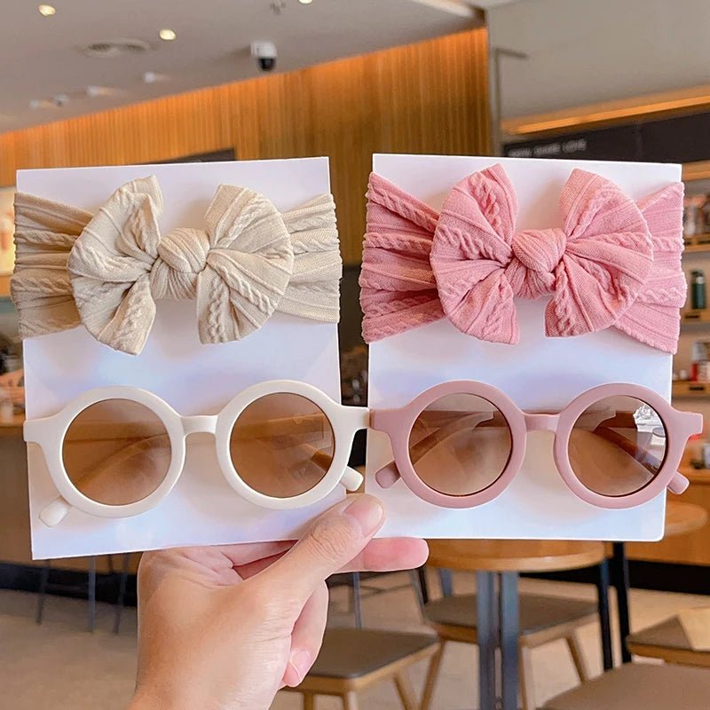 2 Pcs/Set New Children Solid Color Cotton Bowknot Wide Hairband Round Sunglasses Set Baby Girls Sunglasses Kids Hair Accessories - buythingsusa
