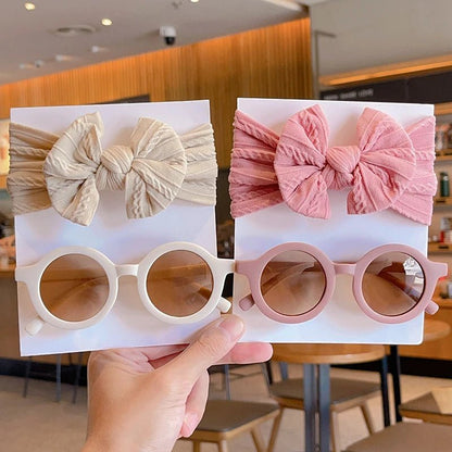 2 Pcs/Set New Children Solid Color Cotton Bowknot Wide Hairband Round Sunglasses Set Baby Girls Sunglasses Kids Hair Accessories - buythingsusa