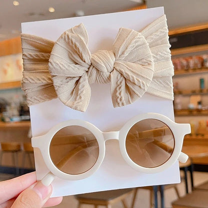 2 Pcs/Set New Children Solid Color Cotton Bowknot Wide Hairband Round Sunglasses Set Baby Girls Sunglasses Kids Hair Accessories - buythingsusa