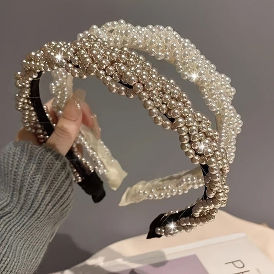 2 - Piece Pearl Headband Set - Elegant Vintage Plastic Daily Headbands with Imitation Pearls - Solid Color, Featherless, for Weddings and Daily Wear - buythingsusa