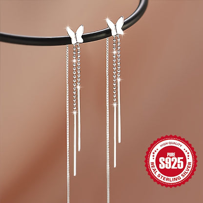 1 Pair of Elegant S925 Sterling Silver Butterfly Tassel Earrings, Hypoallergenic, 2.1g - Chic & Delicate Design, Perfect Gift for Women, Ideal for Daily Wear & Special Occasions, All-Season Accessory