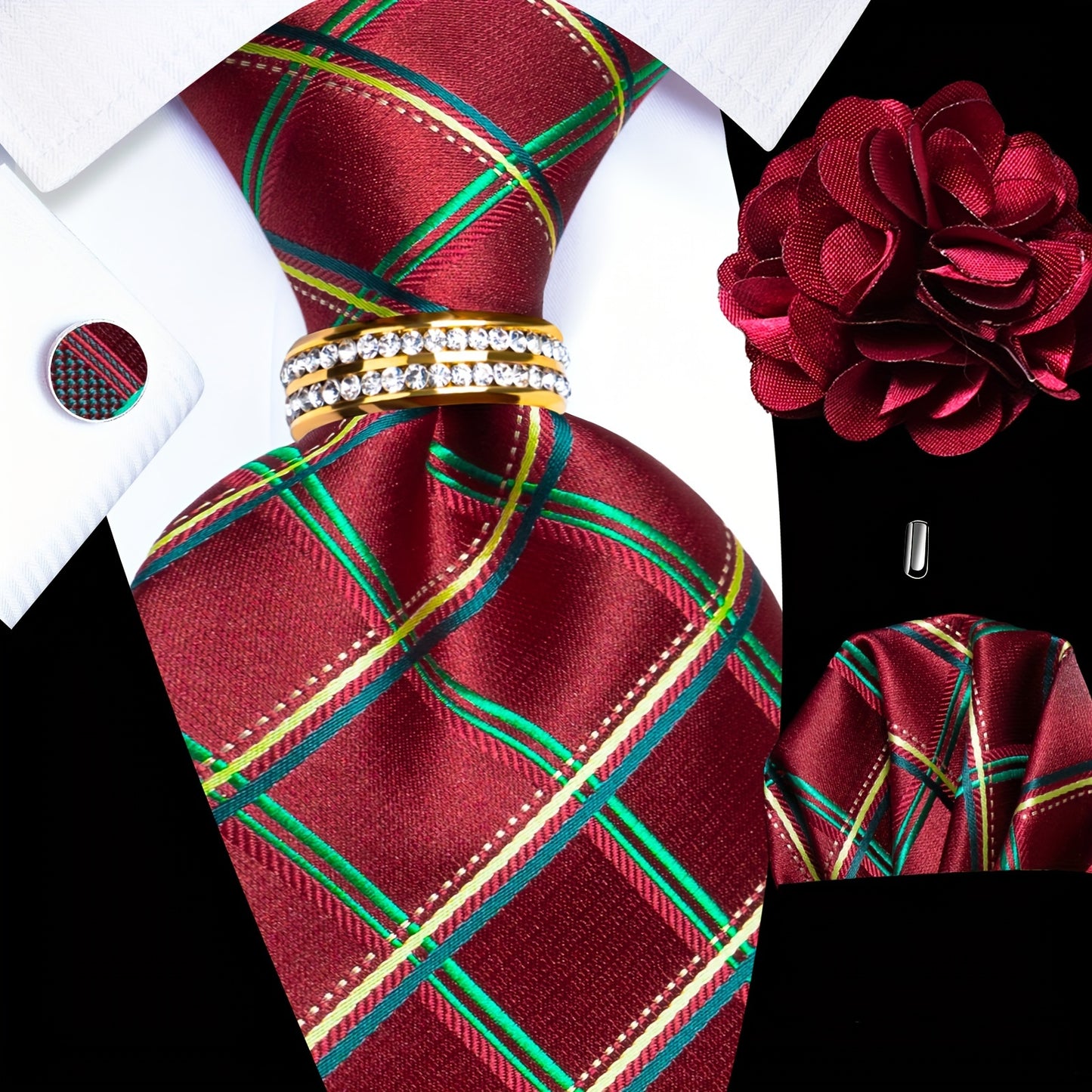 5PCS Men's Luxury Tie Set with Pocket Square, Cufflinks, Drilled Tie Ring, and Lapel Pin