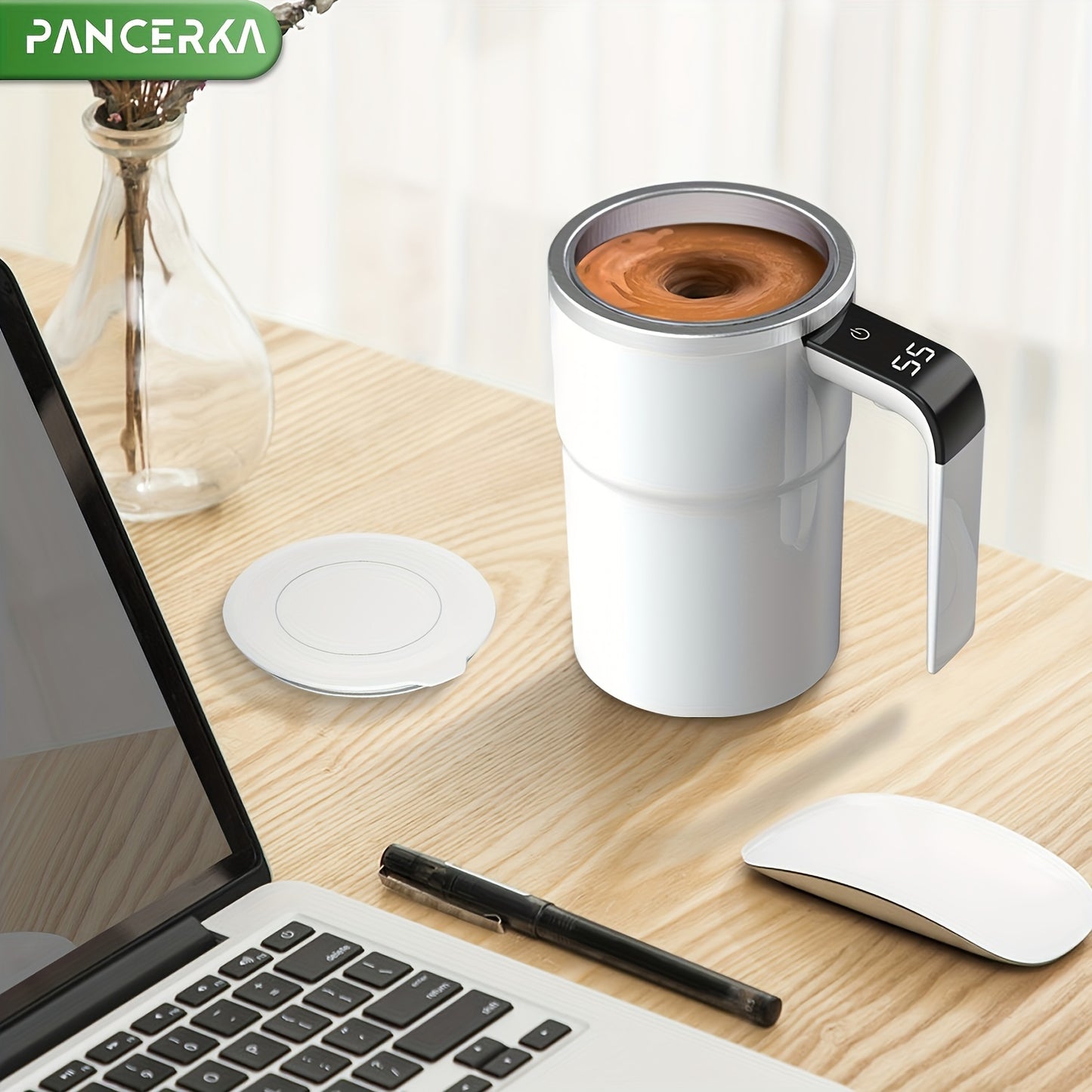 PANCERKA Rechargeable Self-Stirring Coffee Mug with Temperature Display - USB Charging, Sealed Travel Tumbler for Milk, Chocolate, Mocha