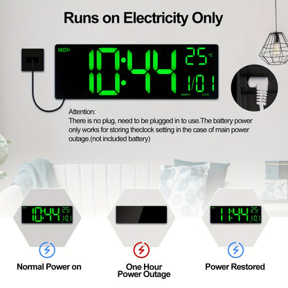 1pc Digital Wall Clock - 16-Inch LED Display, Remote Control, Dual Alarm.