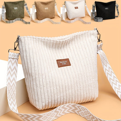 Casual Corduroy Crossbody Bag with Adjustable Strap, Lightweight Polyester Lined, Zipper Closure, Striped Pattern, Hand Washable - Fashionable Shoulder Bag for Daily Commute, Shopping, and Travel