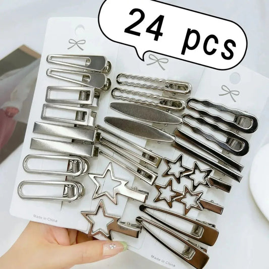 24 stks/set Y2K Zilveren Metalen Haarspelden voor Vrouwen Meisjes Ster Haar Clip Meerdere Stijlen Naadloze Eendenbek Clip Meisjes Haar Accessoires - buythingsusa