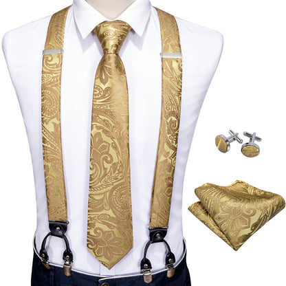 Men Jacquard Adjustable 6 Clips Suspender Neckties Pocket Square Cufflinks