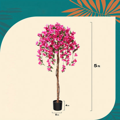 Artificial Bougainvillea Flowers Tree - 4FT/5FT Faux Potted Plants With Wood Trunk And Pink Flowers - For Housewarming Decor - Perfect Gift for Home & Garden Lovers