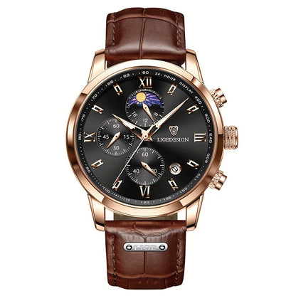 LIGE Men's Watch With Pu Leather Strap. Outdoor Sports Watches. Chronograph Luminous Calendar Quartzwatches. Suitable As A Christmas Gift.