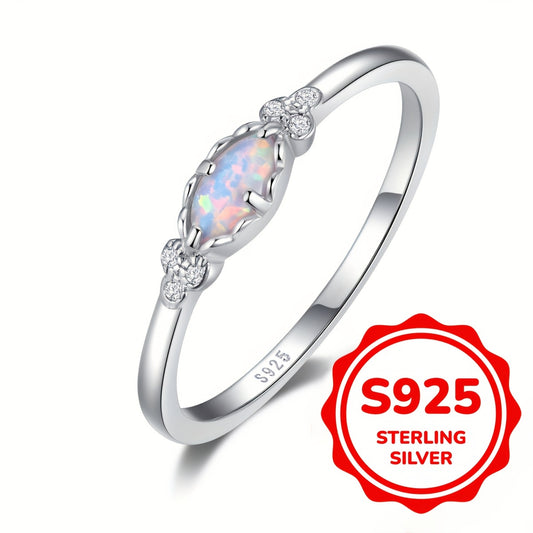 925 Sterling Silver Opal Ring Delicate White Fire Opal Rings for Women Daily Jewelry Accessories (2.3g)