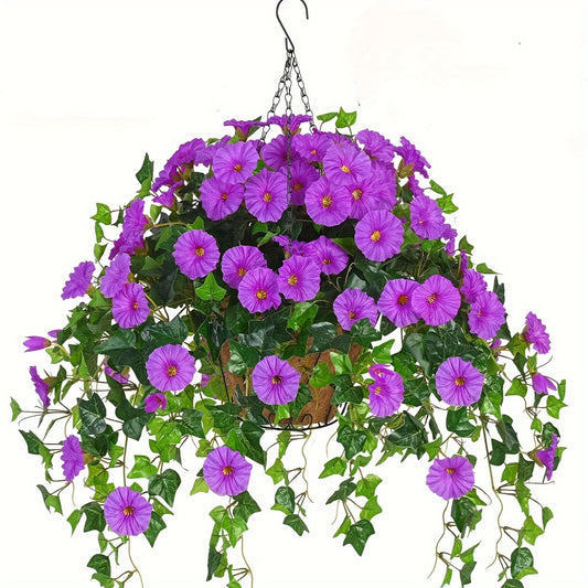 Artificial Hanging Flowers Plants with Baskets for Outdoor, UV Resistant Artificial Outdoor Plants for Spring Summer Decor, Realistic Faux Morning Glory Vines Pot for Indoor Home Garden Porches Wedding Parties Festive Balcony Porch Decoration