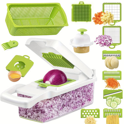 16pcs/26set Multifunctional Vegetable Slicer and Chopper with Interchangeable Blades - Easy to Cut, Dice and Shred Vegetables, Professional Onion Chopping, Suitable for 8 Blades Fast Food Preparation Slicer, Including Container