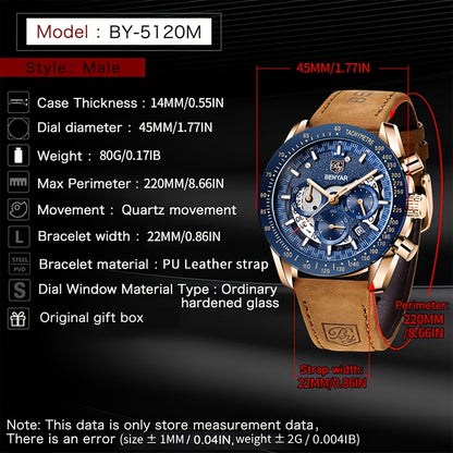 BENYAR Watches For Men Analog Quartz Chronograph Luminous Big Face Mens Watches Business Work Sport Casual Fashion Designer Dress Men'S Wrist Watches Elegant Gift For Men