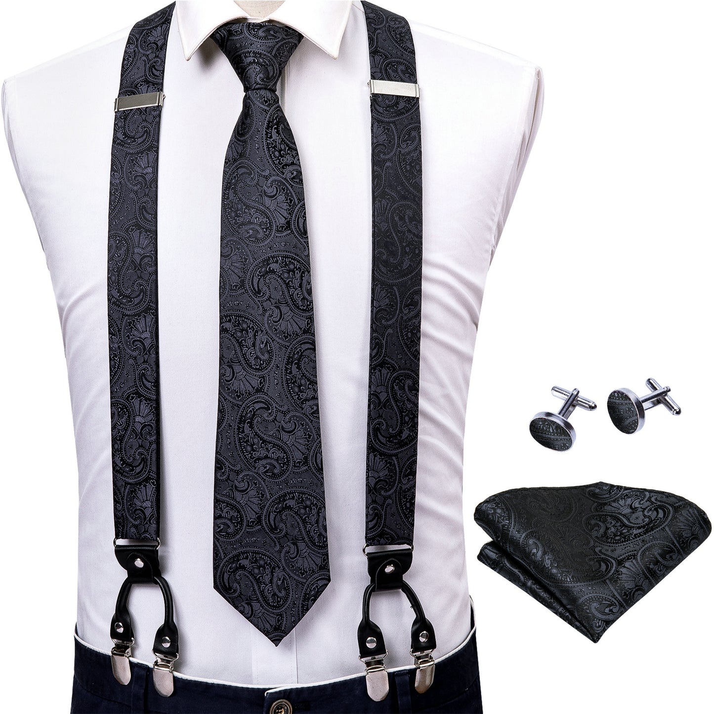 Men Jacquard Adjustable 6 Clips Suspender Neckties Pocket Square Cufflinks