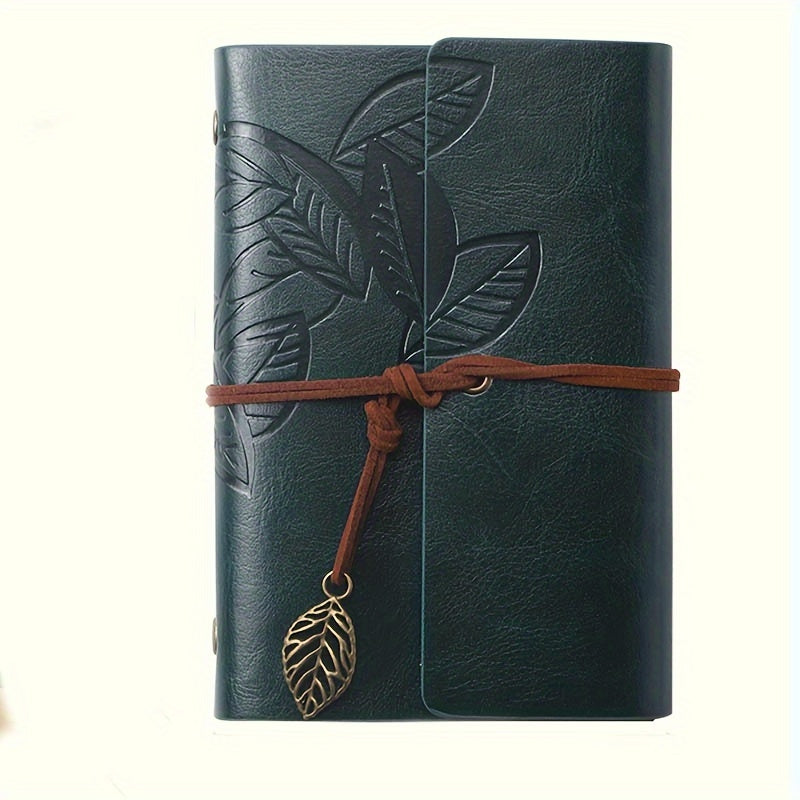 Vintage Leaf-Embossed Faux Leather Notebook - Spiral Bound, Loose-Leaf Journal with Strap Closure in Black, Orange, & Blue - Ideal for Students & Travelers