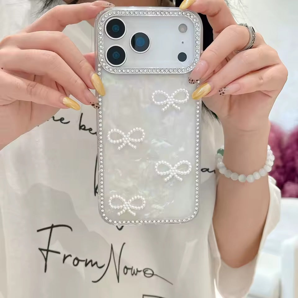 Luxury 3D Pearl Bow Bling Diamond  Phone Case For iPhone 17  Pro Max Girly Aurora Laser Acrylic Cover - AX