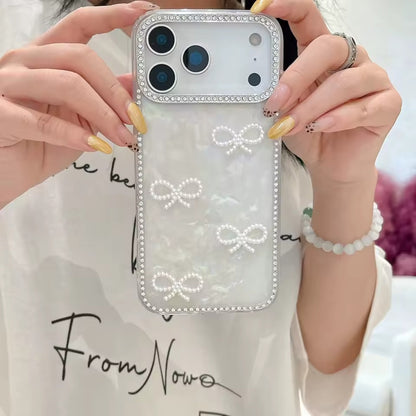 Luxury 3D Pearl Bow Bling Diamond  Phone Case For iPhone 17  Pro Max Girly Aurora Laser Acrylic Cover - AX