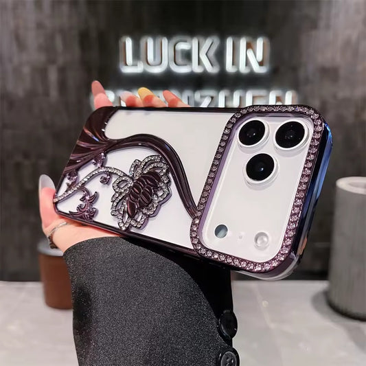 Glitter Rhinestone Flowers Transparent Phone Case For iPhone 17  Pro Max  Back Cover-AX