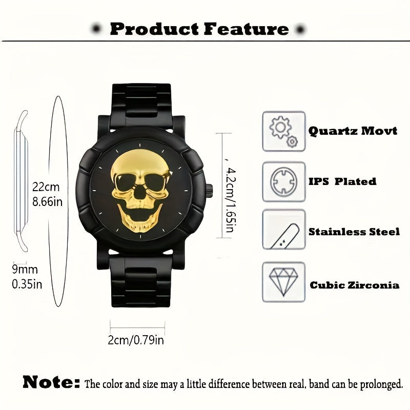 Avant-Garde Skull Men's Quartz Watch and Bracelet Set - Non-Waterproof Stainless Steel Fashion Accessory with Zinc Alloy Case, Round Pointer Display, Electronic Drive - 2pcs Stylish Gift Set, With Gift Box Packaging