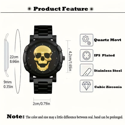 Avant-Garde Skull Men's Quartz Watch and Bracelet Set - Non-Waterproof Stainless Steel Fashion Accessory with Zinc Alloy Case, Round Pointer Display, Electronic Drive - 2pcs Stylish Gift Set, With Gift Box Packaging