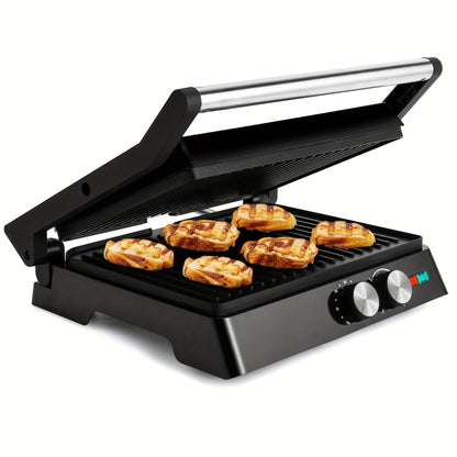 Compact 3-in-1 Electric Indoor Grill & Panini Press - Non-Stick, 180° Flip Sandwich Maker with Grease Tray, Adjustable Temperature, LED Indicators - Ideal for Quick Sandwiches, Omelets & More, Space-Saving Design for Small Kitchens, SUSTEAS