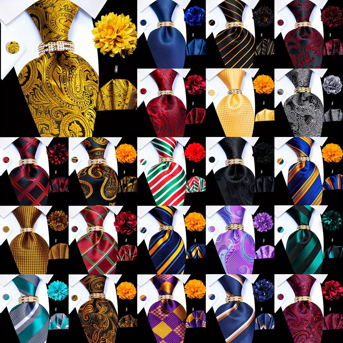 5PCS Men's Luxury Tie Set with Pocket Square, Cufflinks, Drilled Tie Ring, and Lapel Pin