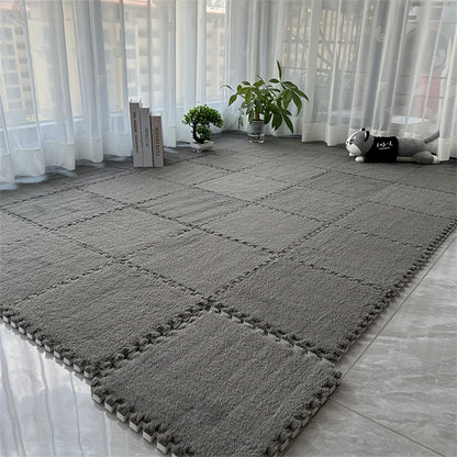 12pcs Set of Thick Bedroom Living Room Full Coverage Interlocking Carpet Tiles, Warm Room Bedside Rug, Washable Soft Non-Slip Mats, 11.8x11.8 Inch - Polyester & EVA Material, Machine-Made, Hand-Wash Only