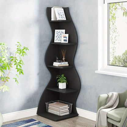 LITTLE TREE Corner Shelf, Modern 5-Tier Wall Corner Bookshelf, Corner Bookcase for Small Spaces