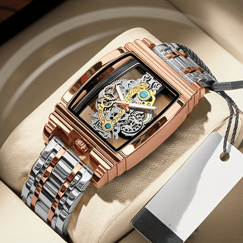 Elegant Men's Golden-Tone Tonneau Watch with Intricate Mechanical Design - Stainless Steel, Luminous Hands & Date Display, Stopwatch Function, Water-Resistant