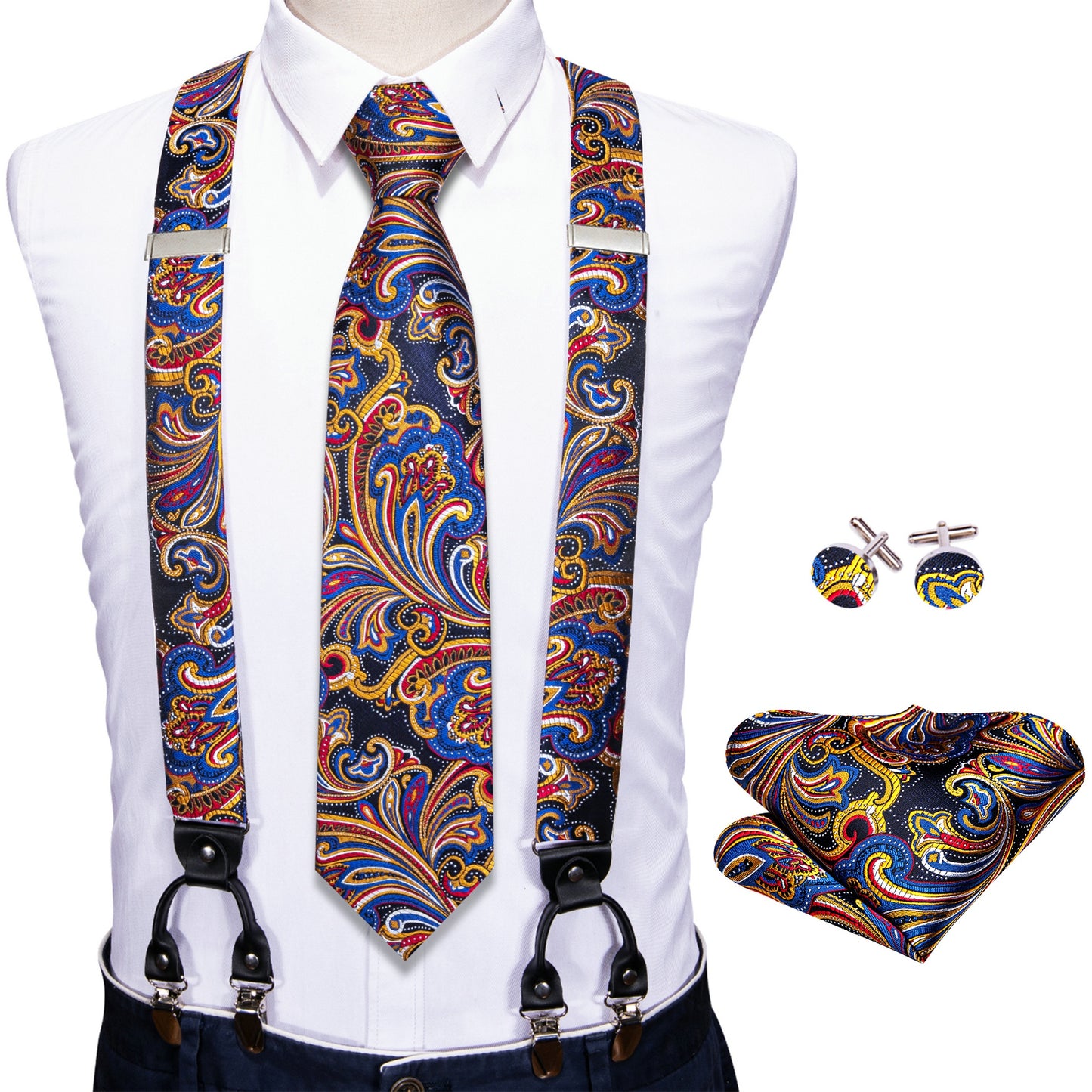 Men Jacquard Adjustable 6 Clips Suspender Neckties Pocket Square Cufflinks