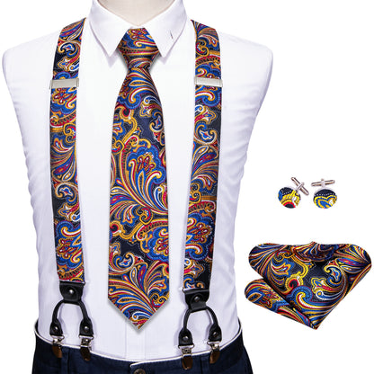 Men Jacquard Adjustable 6 Clips Suspender Neckties Pocket Square Cufflinks
