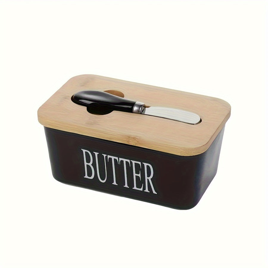 1pc Ceramic Butter Dish Set with Bamboo Lid and Knife - Airtight Silicone Sealed Butter Keeper for Kitchen Countertop and Refrigerator - Ideal for Baking and Gifting