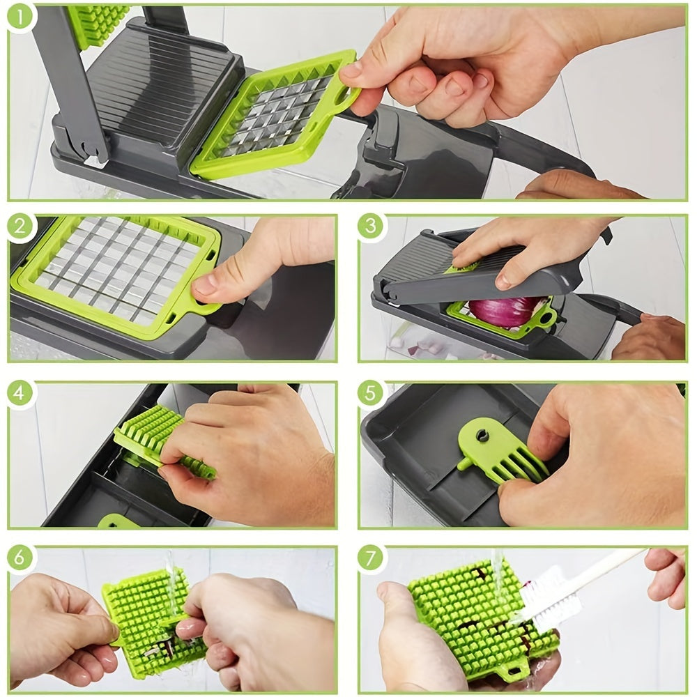 16pcs/26set Multifunctional Vegetable Slicer and Chopper with Interchangeable Blades - Easy to Cut, Dice and Shred Vegetables, Professional Onion Chopping, Suitable for 8 Blades Fast Food Preparation Slicer, Including Container