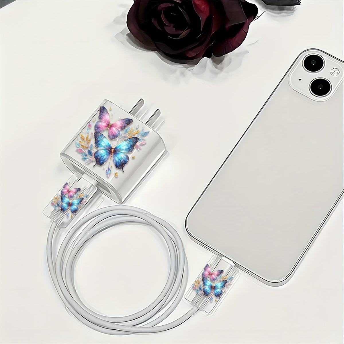 3pcs Colorful Butterfly Pattern Transparent TPU Charger Protector Set for iPhone - Includes 18W/20W Adapter & Cable Head Covers, Durable and Stylish Protection