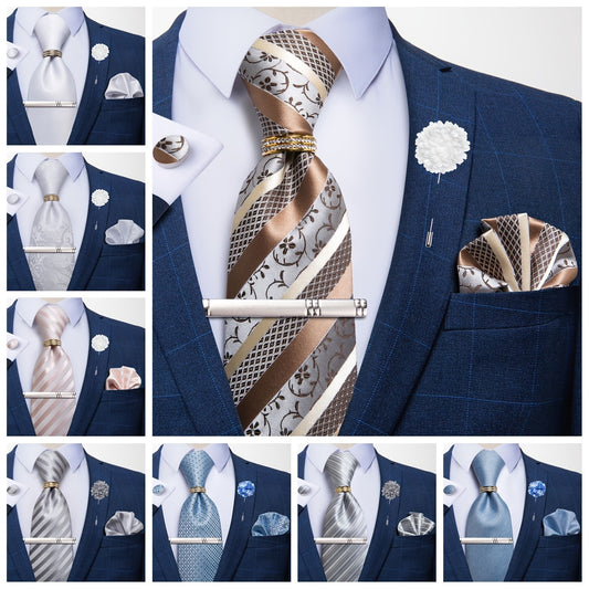 6pcs Elegant Men's Tie Set with White Hanky, Cufflinks, & Necktie Clip