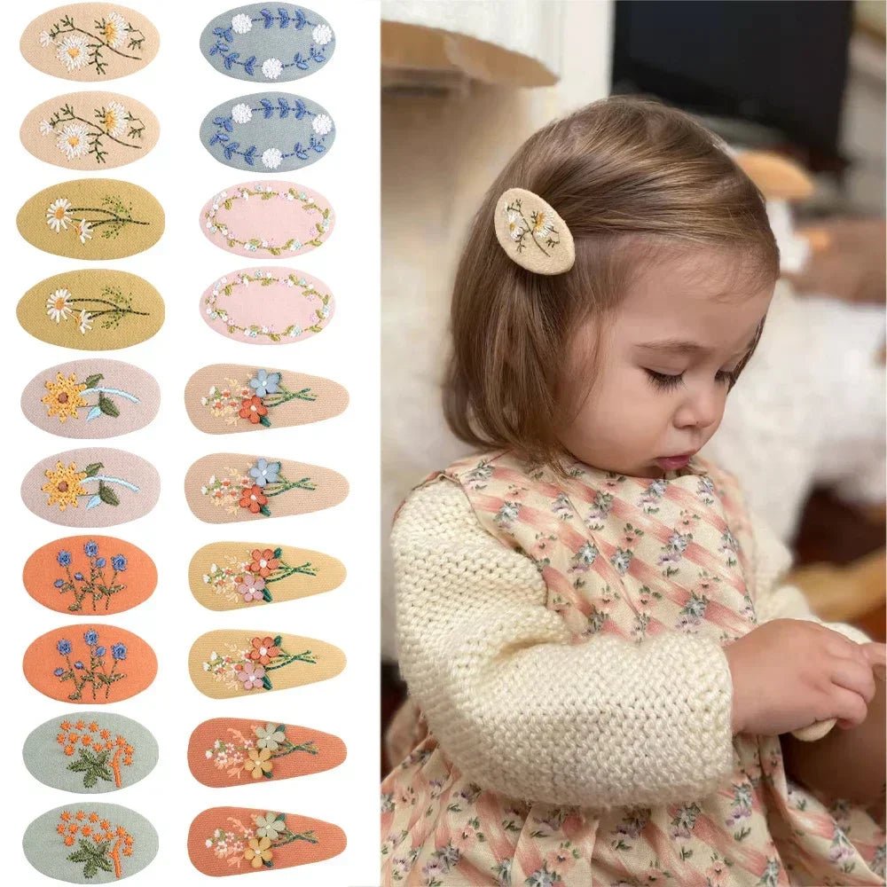 2Pcs/lot Korea Retro Hair Clips Sweet Girls Floral Fabric Oval BB Barrettes Cute Embroidery Flower Hairpin Kids Hair Accessories - buythingsusa
