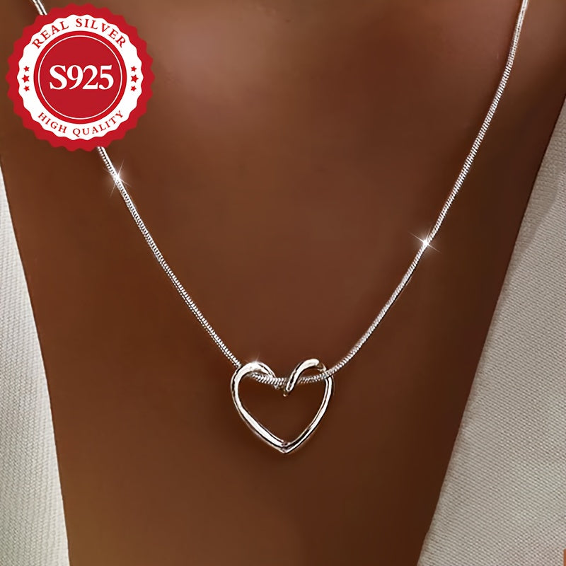 S925 Sterling Silver Heart Pendant Necklace for Women, Simple Luxury Style, Silver Plated, Hypoallergenic, Lightweight 3.4g, Clavicle Chain for Daily and Party Occasions