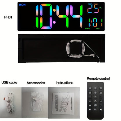 1pc Digital Wall Clock - 16-Inch LED Display, Remote Control, Dual Alarm.