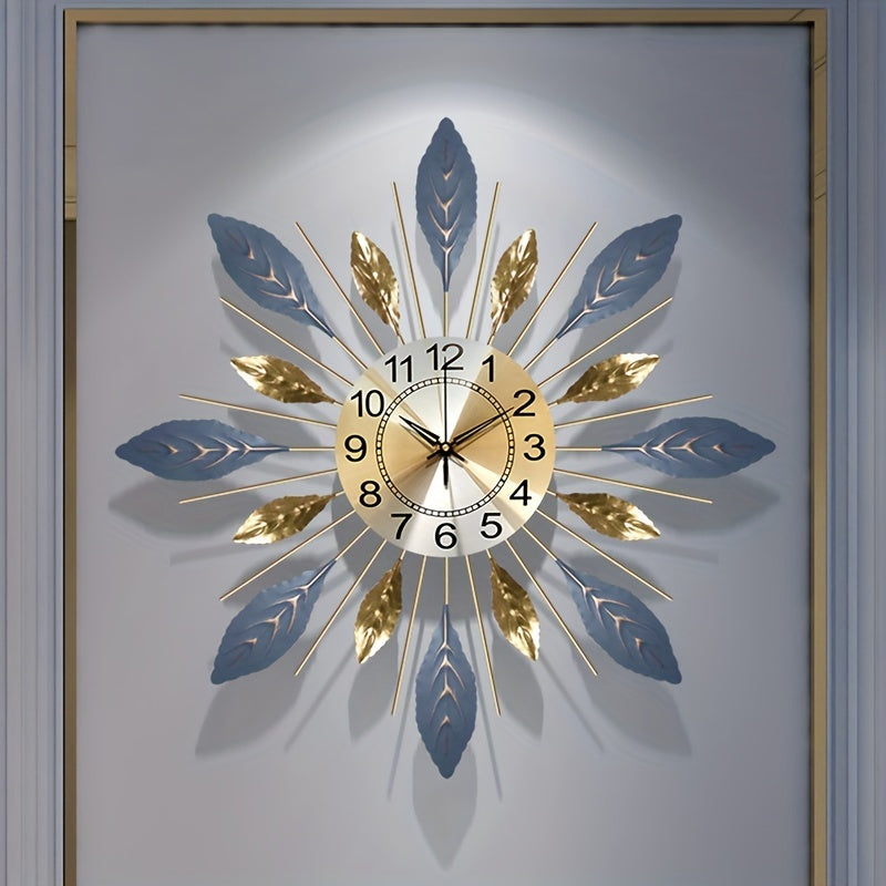 Luxury 21.6-Inch Golden Blue Metal Leaf Design Wall Clock - Silent Non-Ticking
