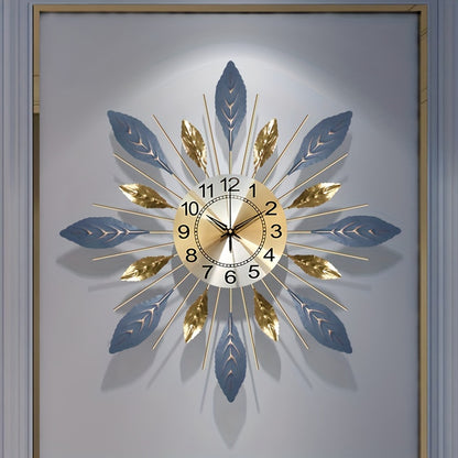 Luxury 21.6-Inch Golden Blue Metal Leaf Design Wall Clock - Silent Non-Ticking