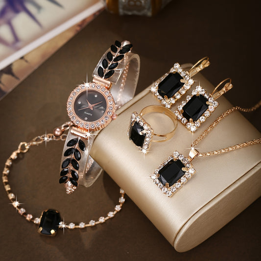 Fashionable And Versatile Retro Minimalist Quartz Watch + 5pcs Black Square Rhinestone Jewelry Set, Elegant Ensemble|Retro Minimalist Watch|Zinc Alloy Watch, Watch Accessories
