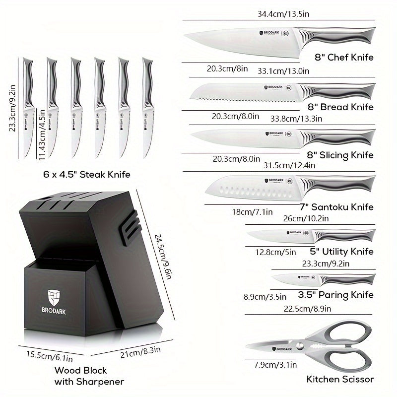 Brodark Shark Series Kitchen Knife Set With Block - 15pcs Knife Block Set With Built-in Sharpener - Dishwasher Safe - NSF Certified Stainless Steel - For Home Cooks & Professionals - Perfect Gift for Housewarming & Cooking Enthusiasts