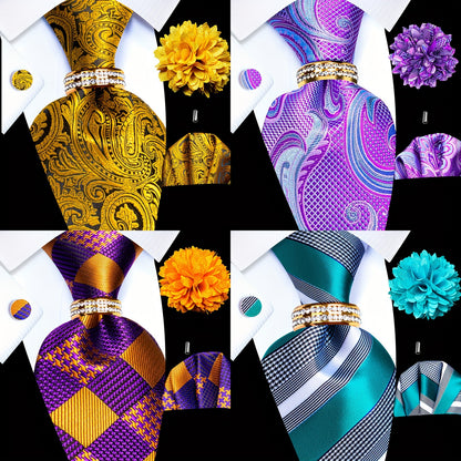 5PCS Men's Luxury Tie Set with Pocket Square, Cufflinks, Drilled Tie Ring, and Lapel Pin