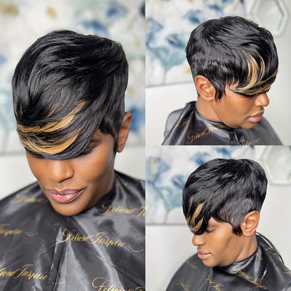 Elegant Pixie Cut Wig for Women - 100% Real Human Hair, Short Layered with Bangs in Vibrant Colors (99J/613, 1B30, 1B, Bug/613) - Glueless, No Shedding, Perfect for Music Festivals & Special Occasions, Brazilian, Full Machine Made, Dress Up Wig