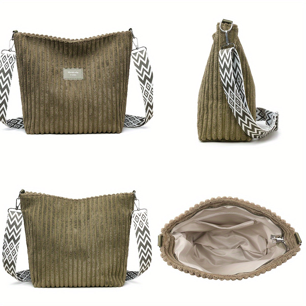 Casual Corduroy Crossbody Bag with Adjustable Strap, Lightweight Polyester Lined, Zipper Closure, Striped Pattern, Hand Washable - Fashionable Shoulder Bag for Daily Commute, Shopping, and Travel