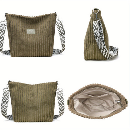 Casual Corduroy Crossbody Bag with Adjustable Strap, Lightweight Polyester Lined, Zipper Closure, Striped Pattern, Hand Washable - Fashionable Shoulder Bag for Daily Commute, Shopping, and Travel